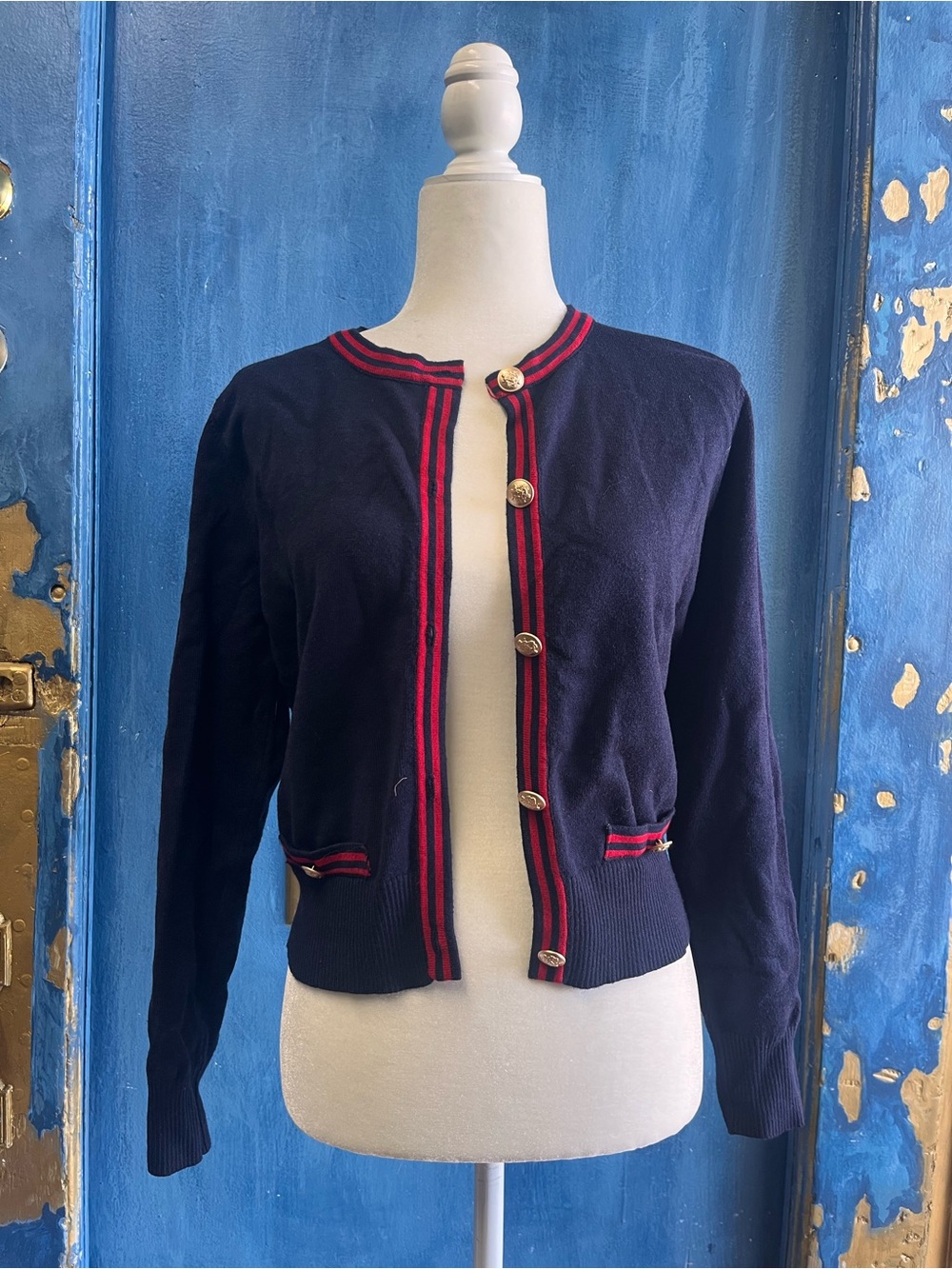 Navy Cardigan with Red Trim and Gold Buttons